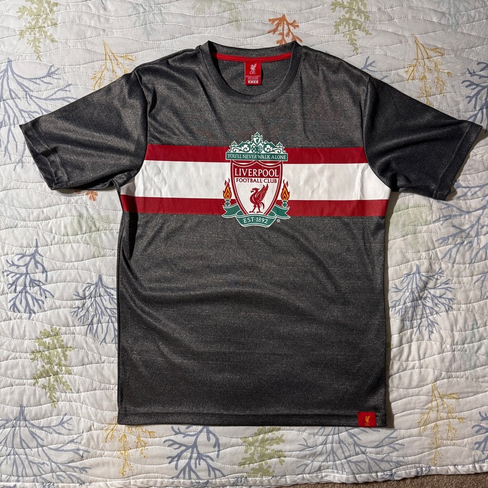 Liverpool FC T-Shirt Mens Medium Grey Red White Striped Official LFC Soccer Tee